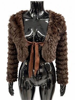 Luii Brown Faux Fur Cropped Teddy Jacket with Ribbon Tie